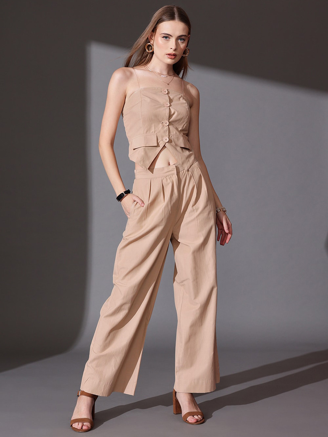 STREET 9 Solid Off Shoulder Shirt With Flared Trousers Co-Ords