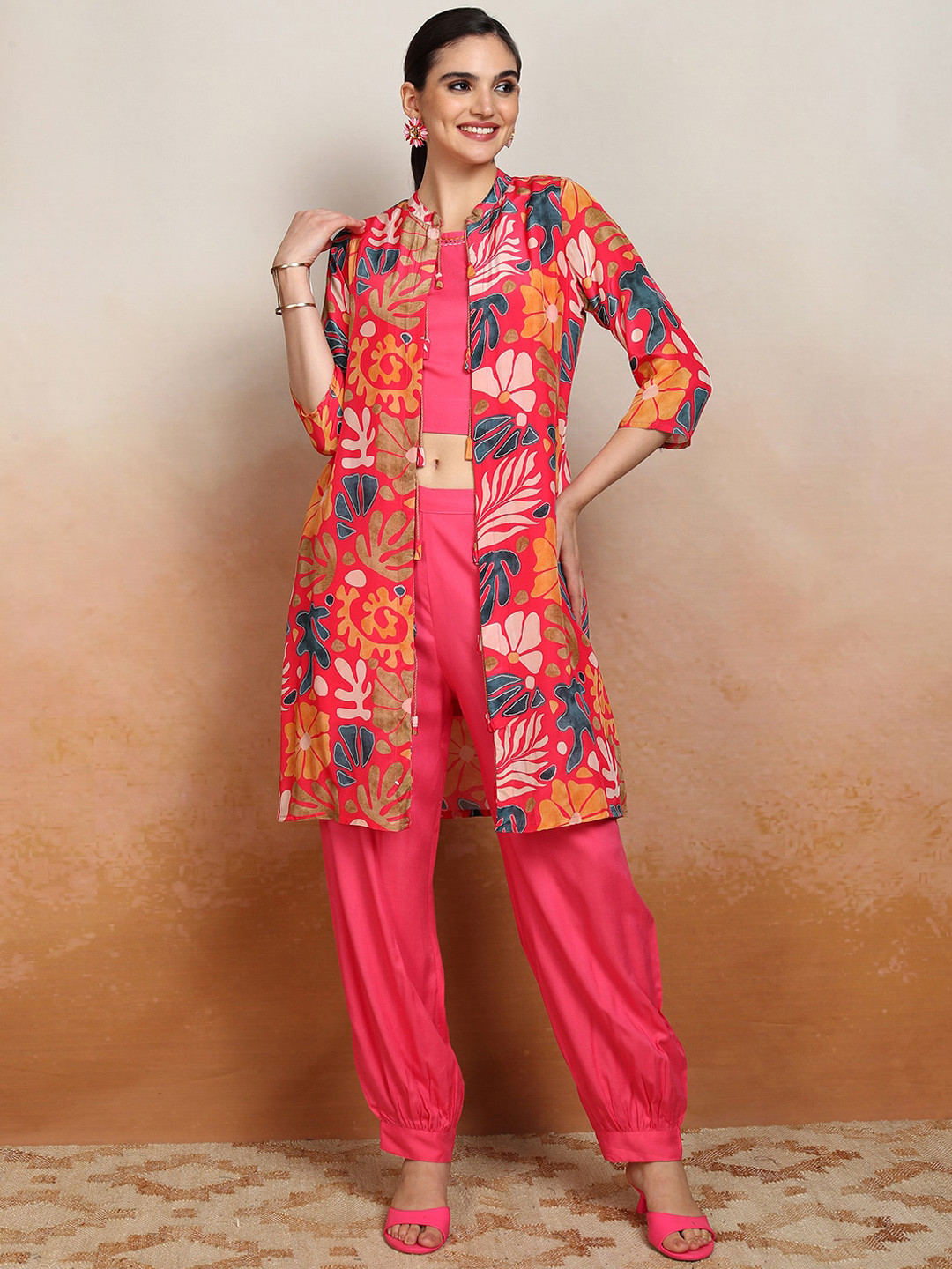 Vishudh Women Printed Crop Top & Pant with Jacket Co-Ord Set