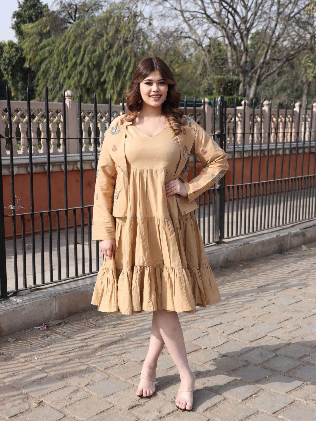 Swadeshi Shringaar V Neck Cotton A-Line Dress With Jacket