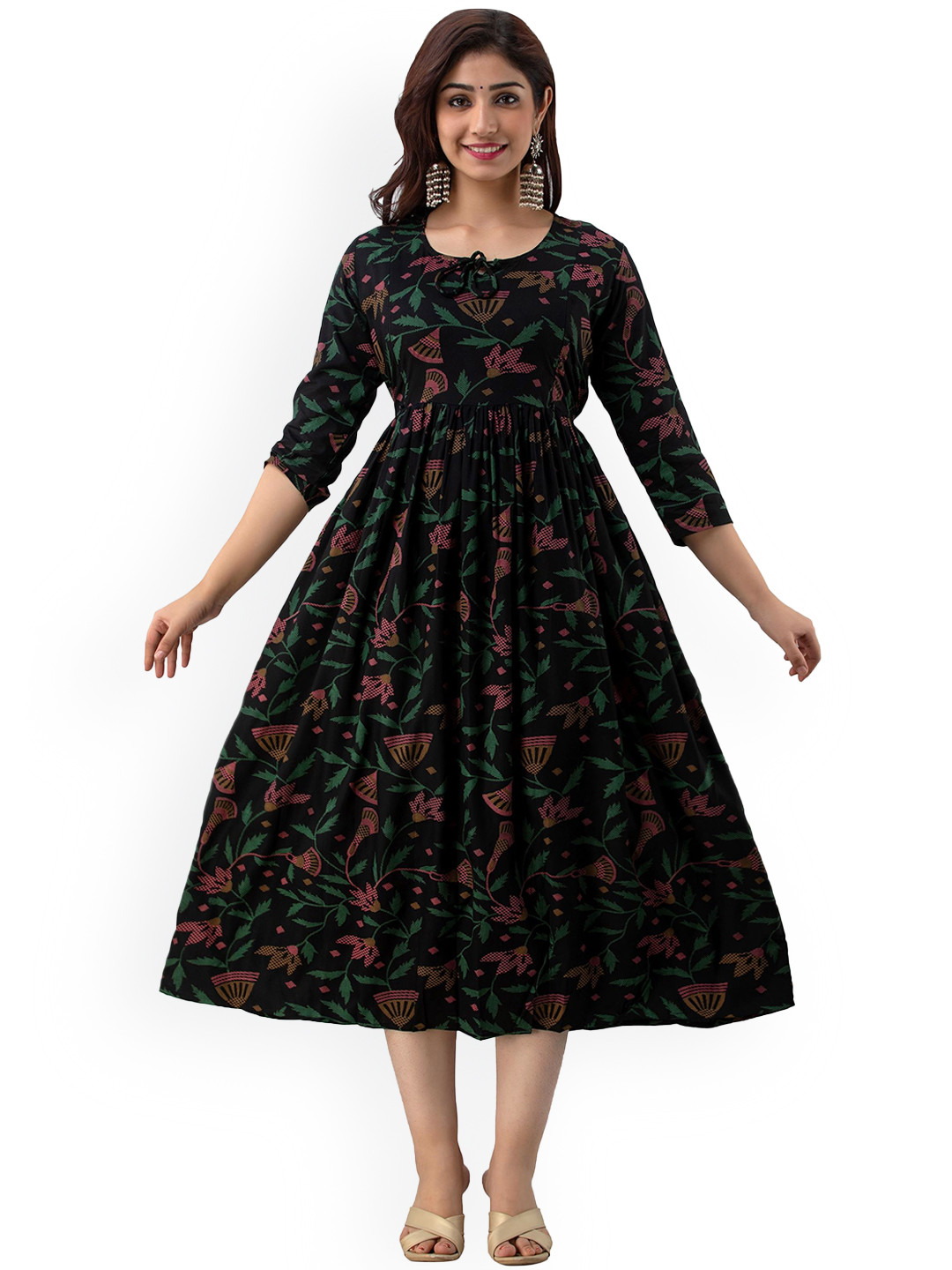 Charnest Women Floral Printed Flared Sleeves Gotta Patti Maternity Anarkali Kurta