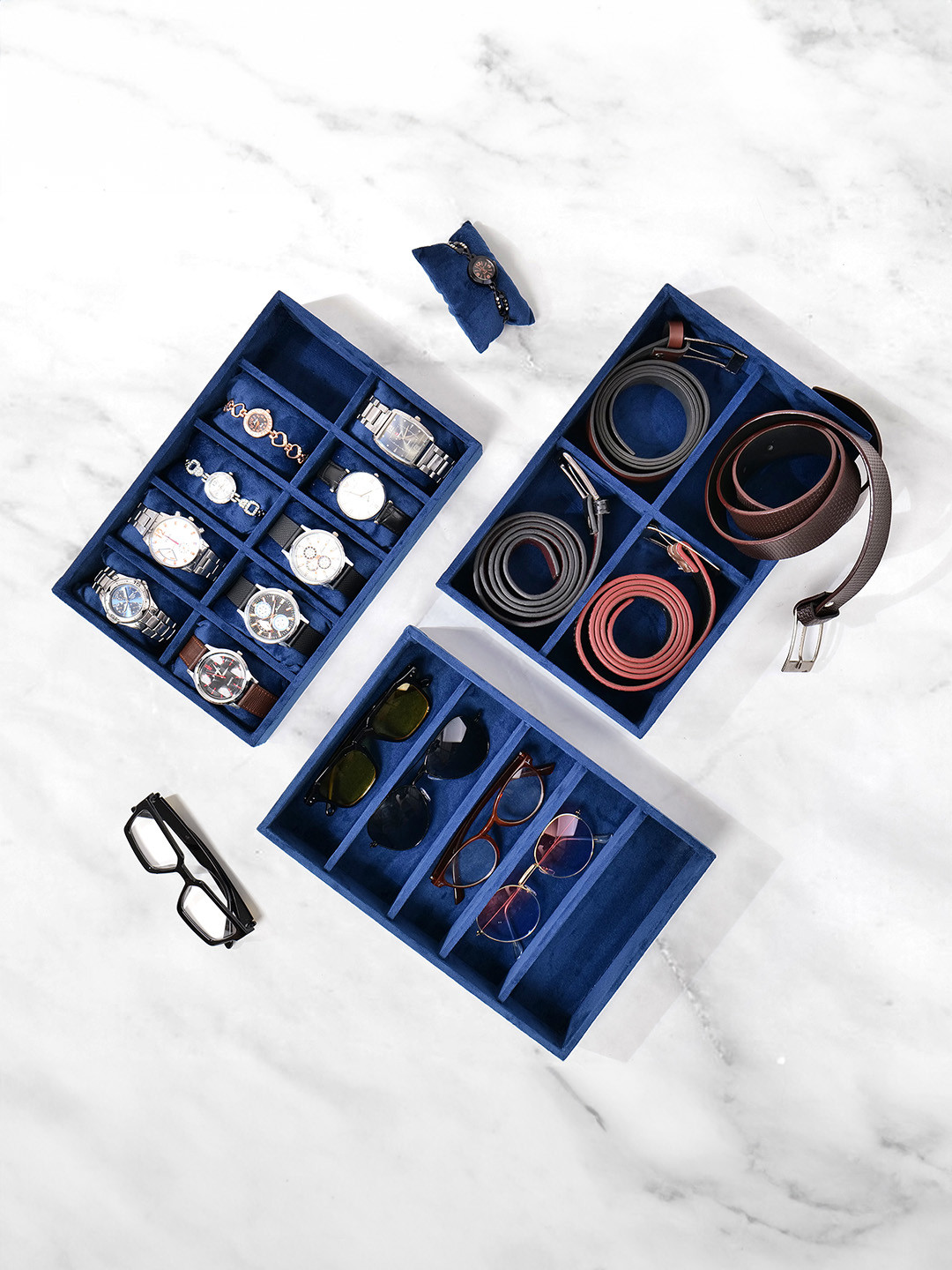 La Trove 3 Peice Blue Watch + Sunglass + Velvet Belt Organizer Trays