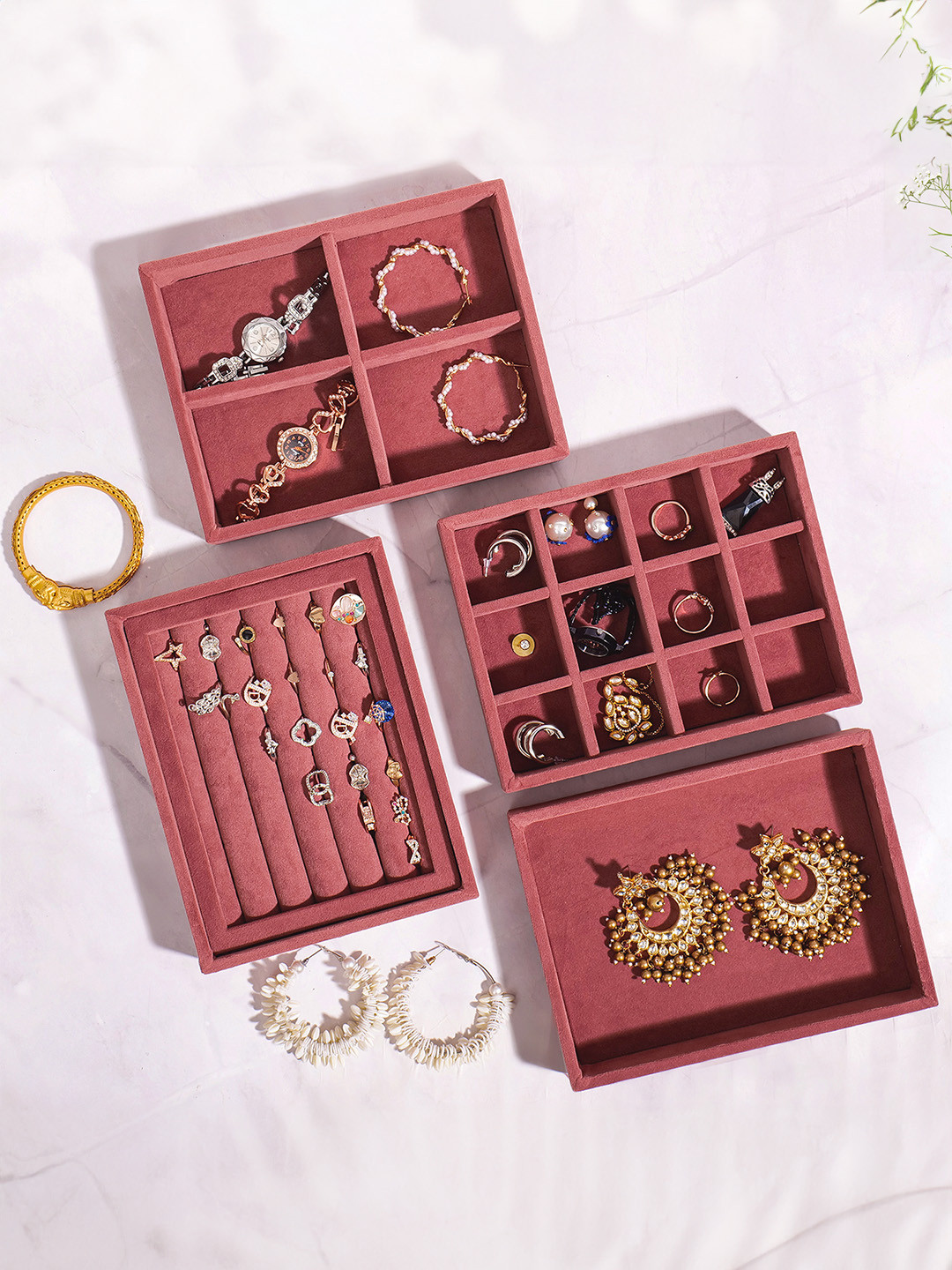 La Trove Set Of 4 Darkpink Regular Jewellery Velvet Organizer Tray