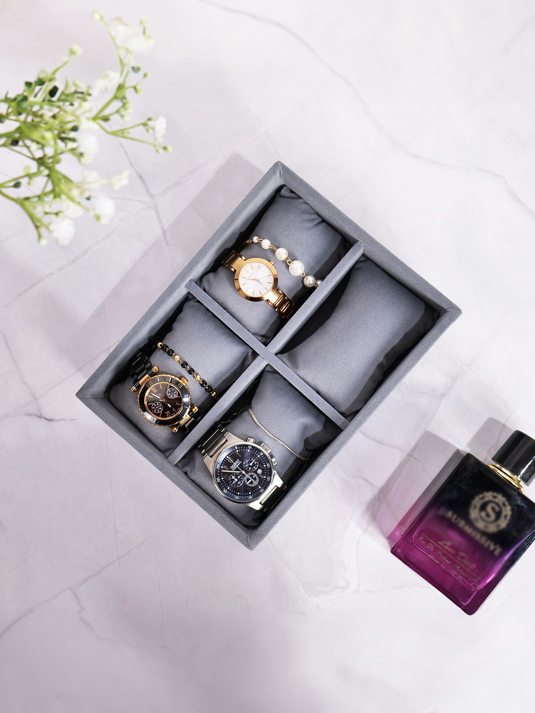 La Trove 4 Slot Grey Velvet Watch Organizer Tray