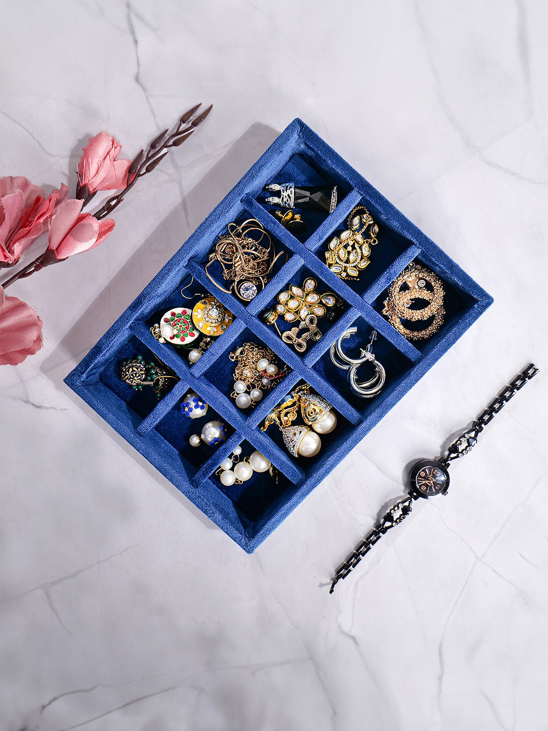 La Trove 12 Grid Blue Small Velvet Jewellery Organizer Tray