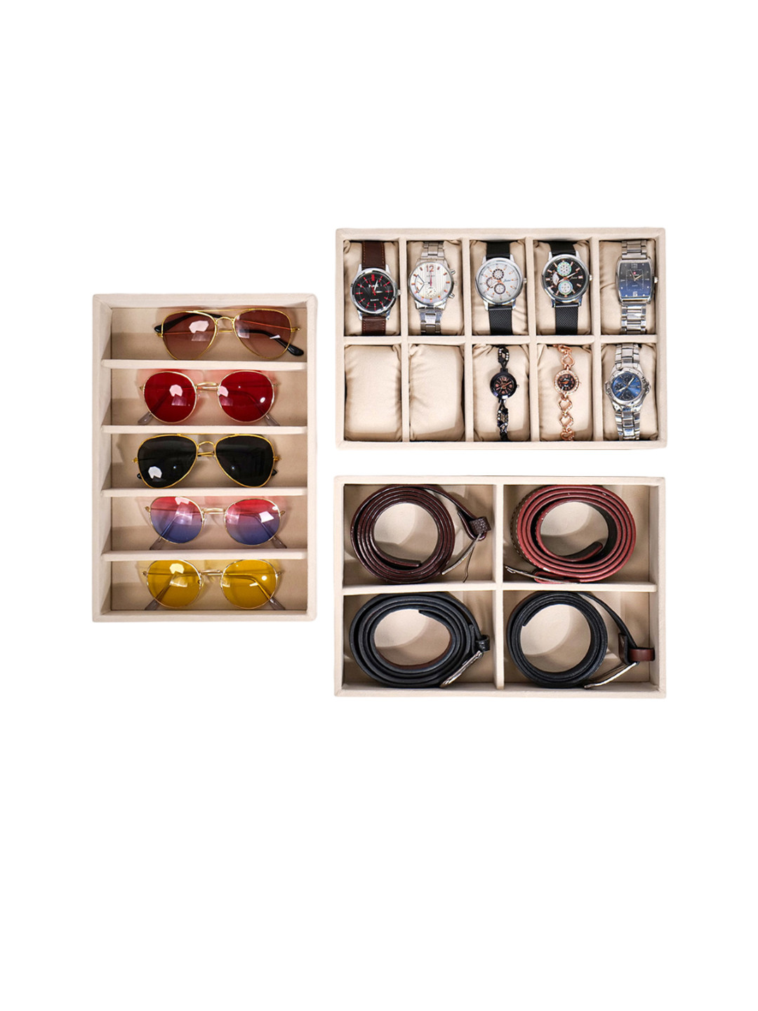 La Trove 3 Peice Cream Watch + Sunglass + Velvet Belt Organizer Trays
