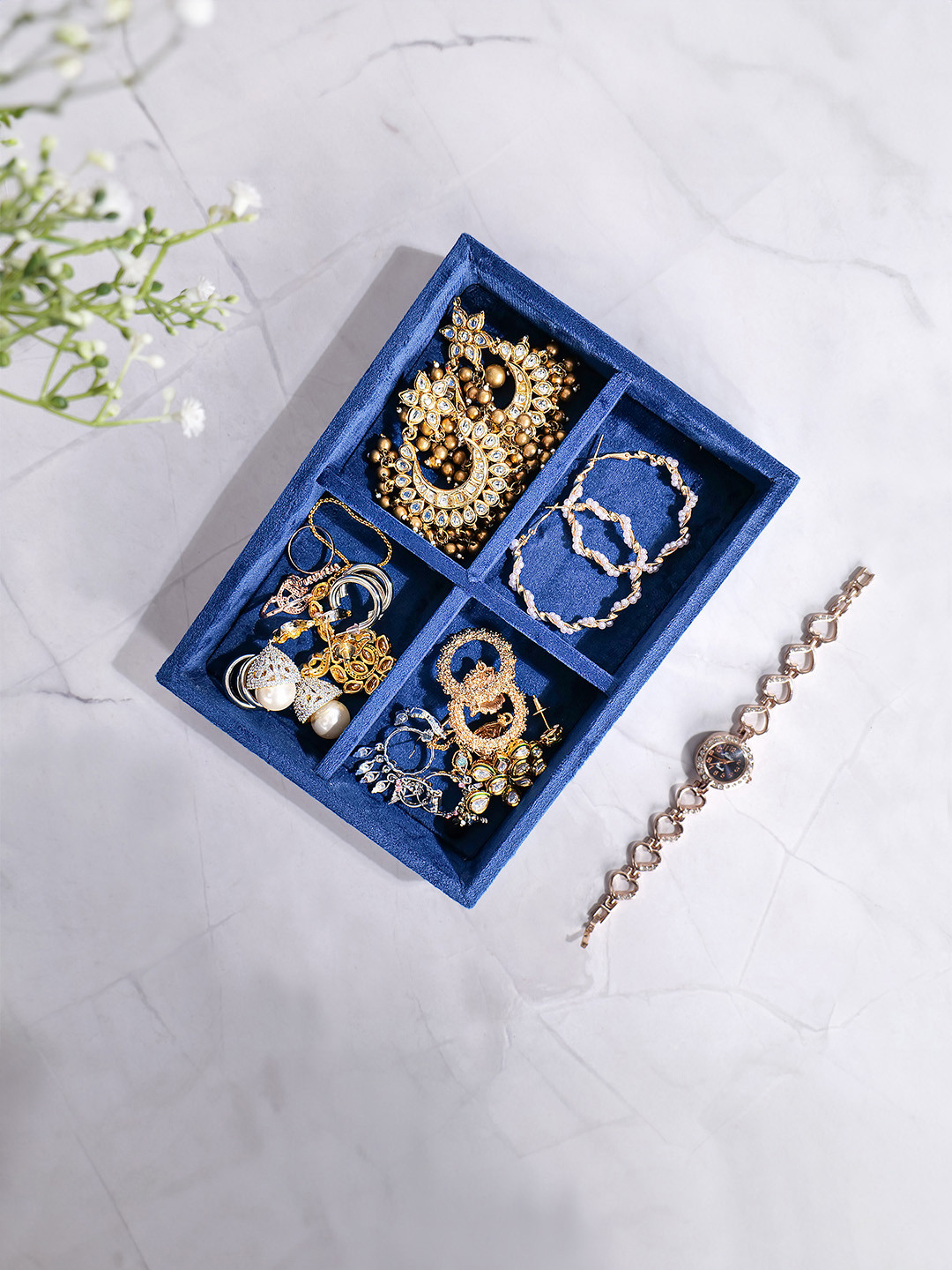 La Trove 4 Grid Blue Small Velvet Organizer Tray