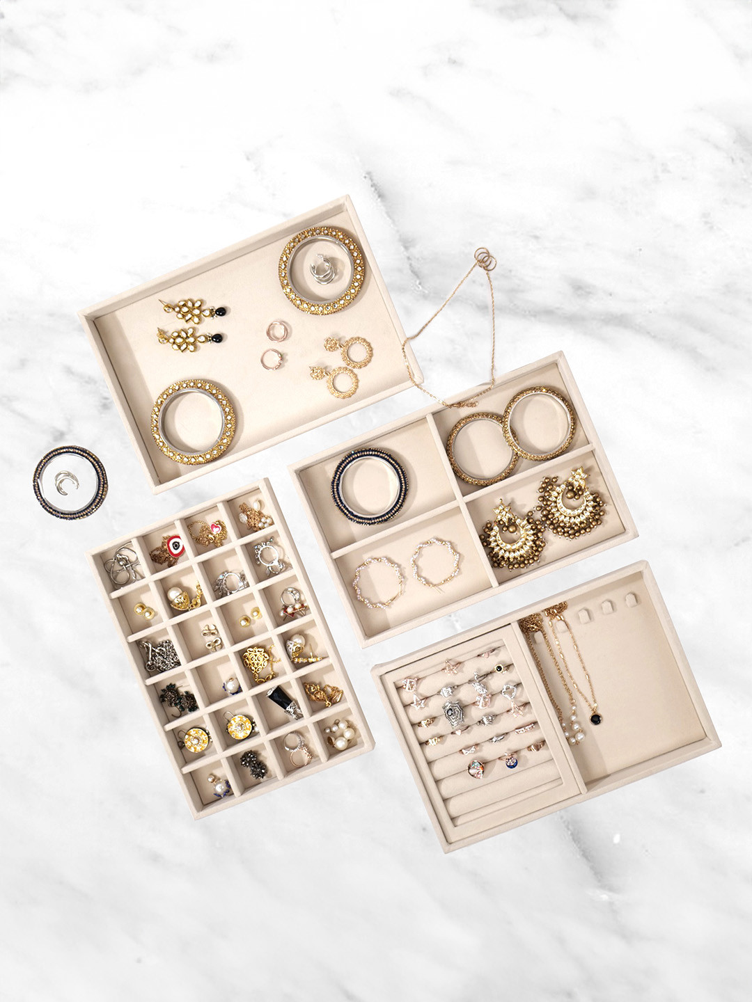 La Trove Set of 4 Cream Big Velvet Jewellery Organizer Tray