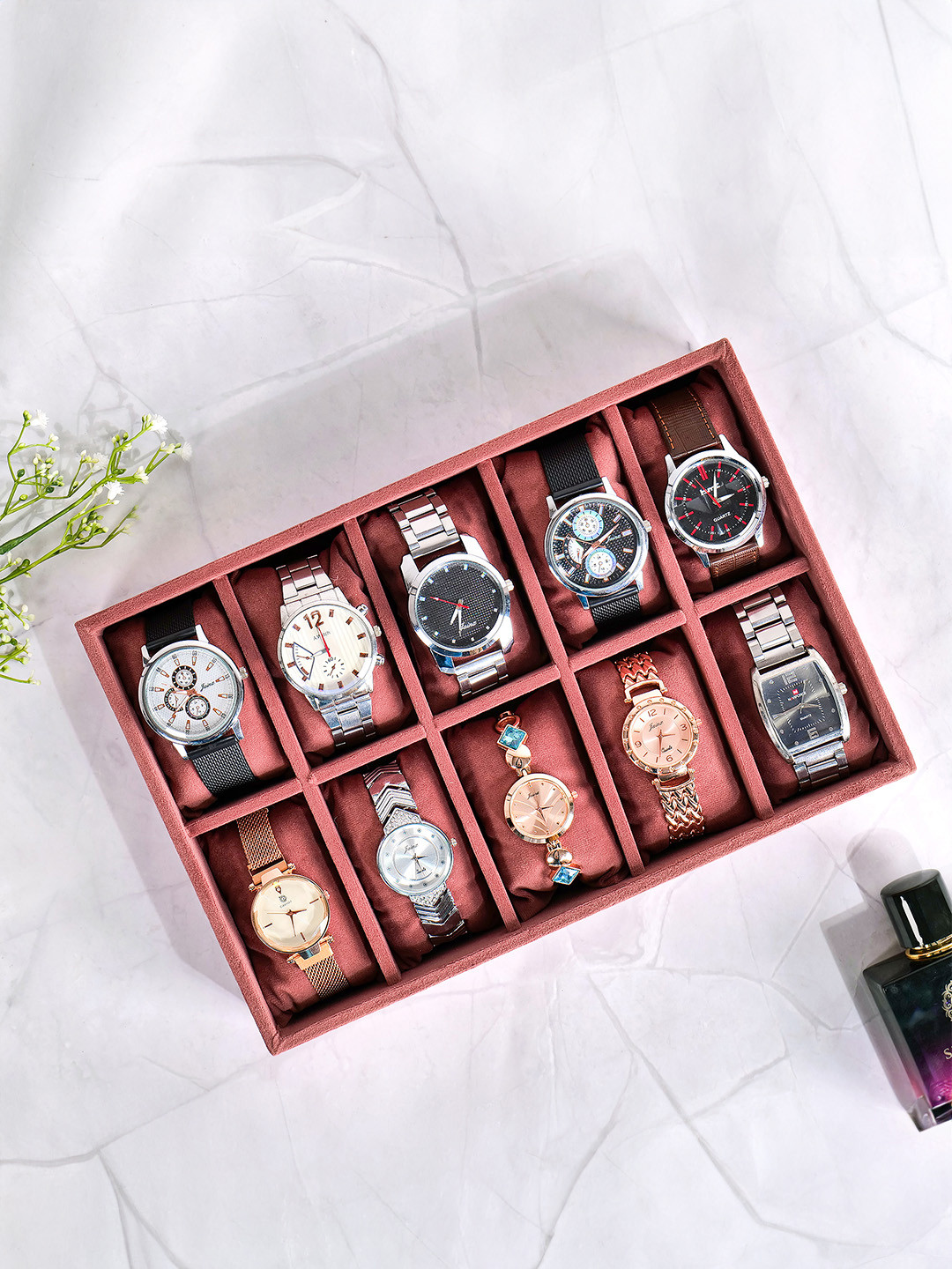 La Trove Unisex Pink Textured 10 Slot Watch Tray