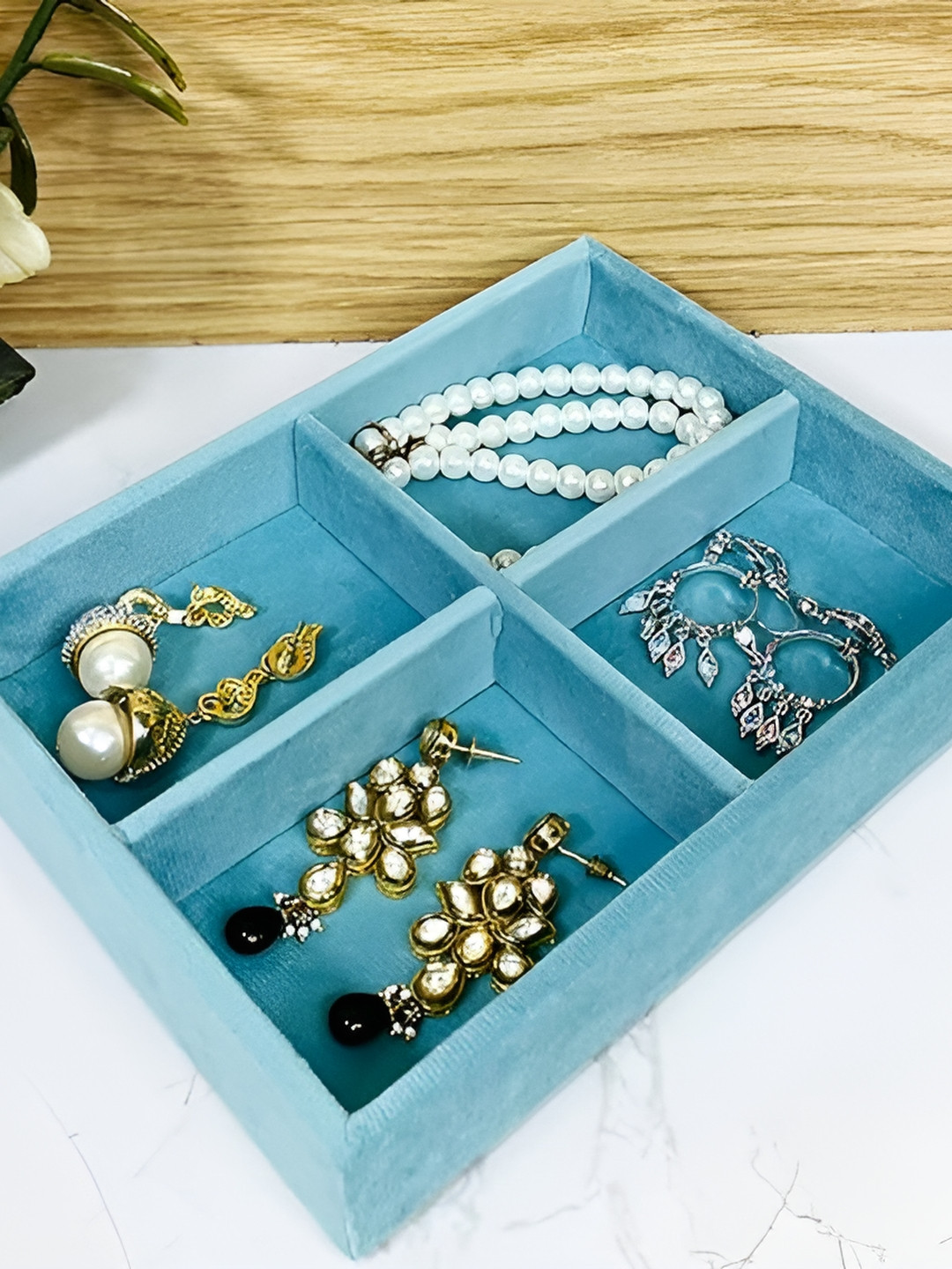 La Trove 4 Grid Seagreen Small Velvet Organizer Tray