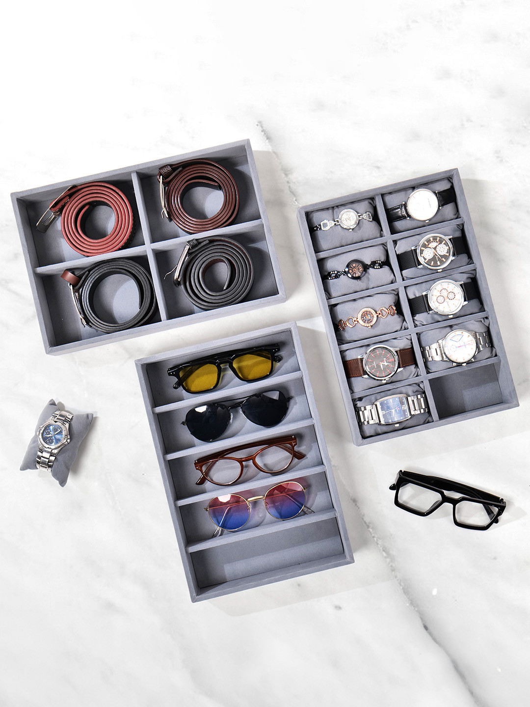 La Trove 3 Peice Grey Watch + Sunglass + Velvet Belt Organizer Trays