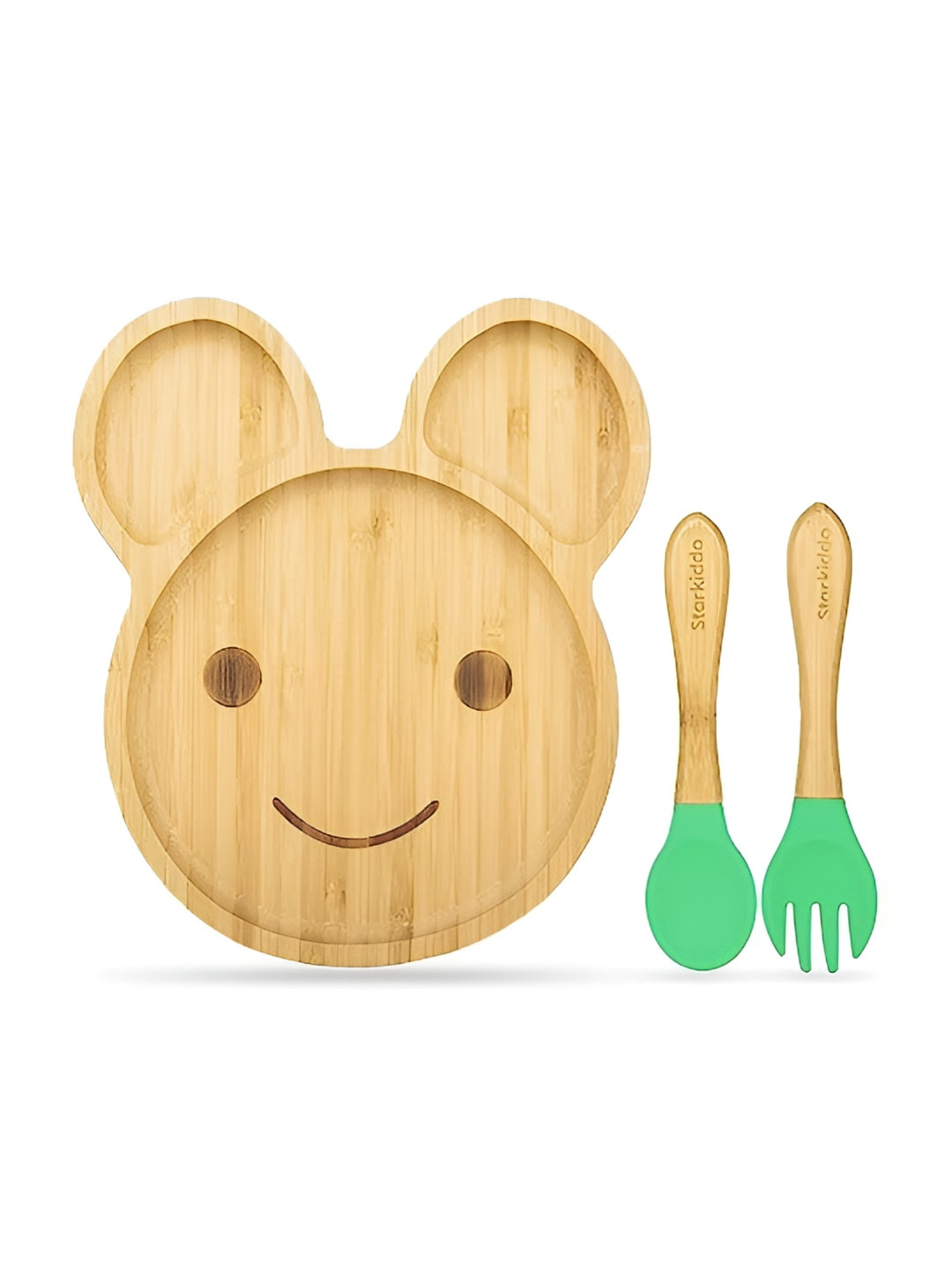 Starkiddo Kids Green & Beige Teddy Design Plate Spoon & Fork Spoon