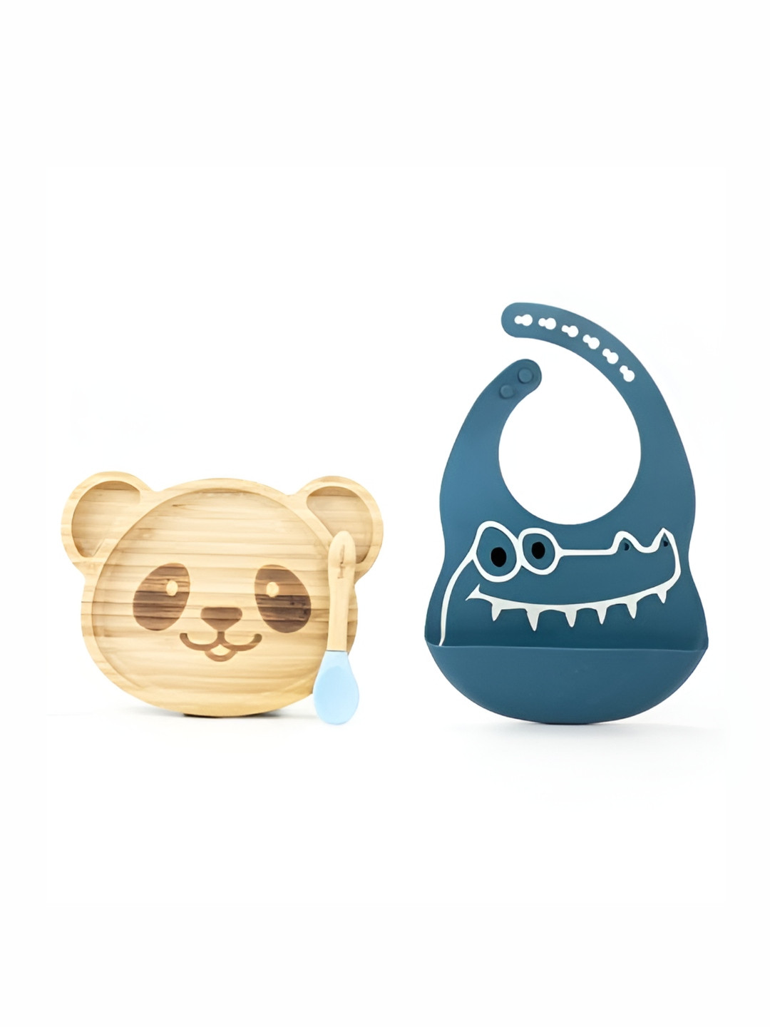 Starkiddo Kids Blue & Beige Panda Design Plate Spoon & Bib