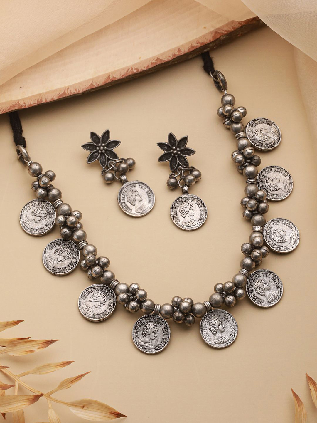 Jazz and Sizzle Silver-Plated Coin Beaded Oxidised Jewellery Set