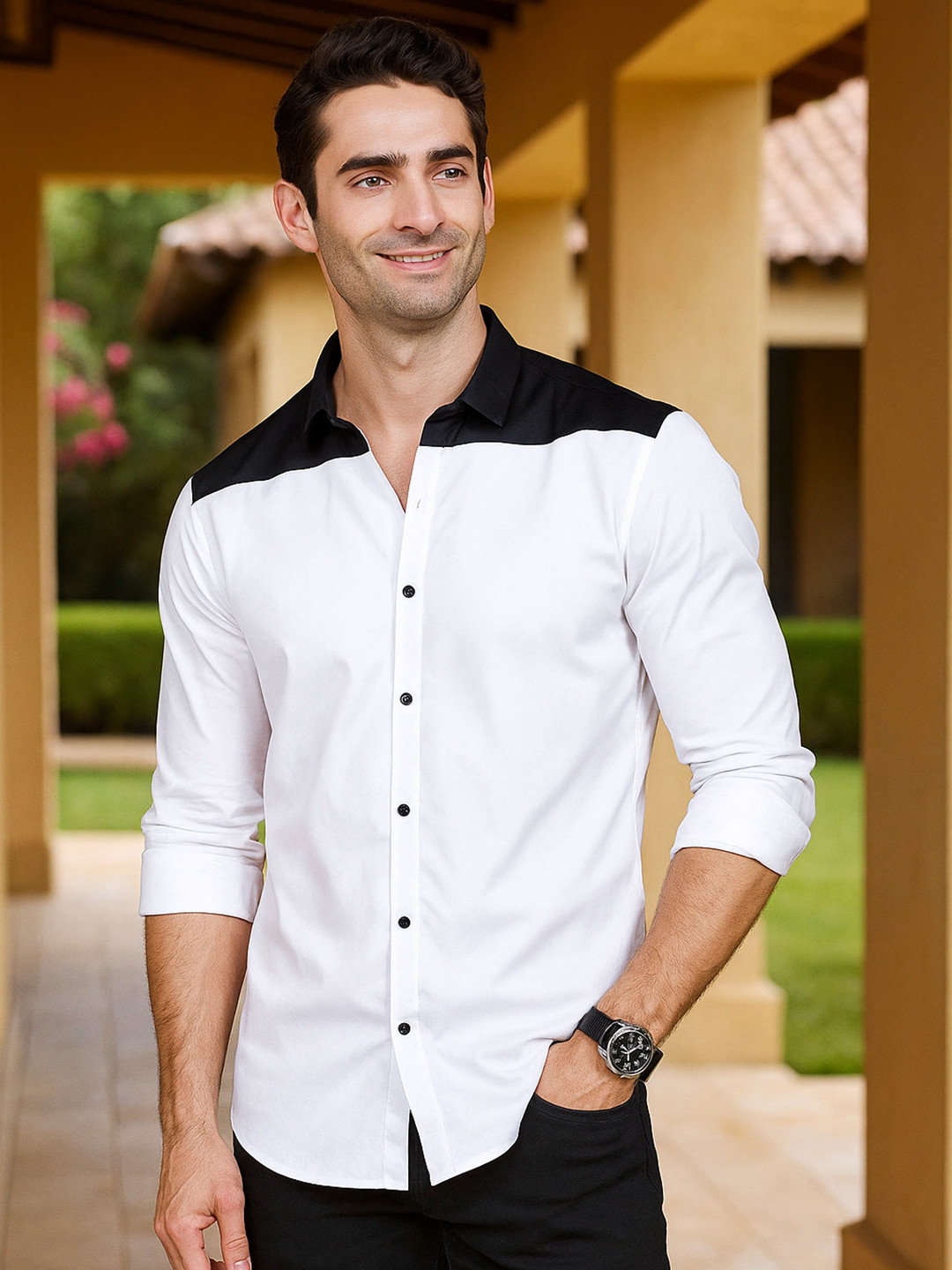 ALMATY Comfort Slim Fit Colorblocked Cotton Party Shirt