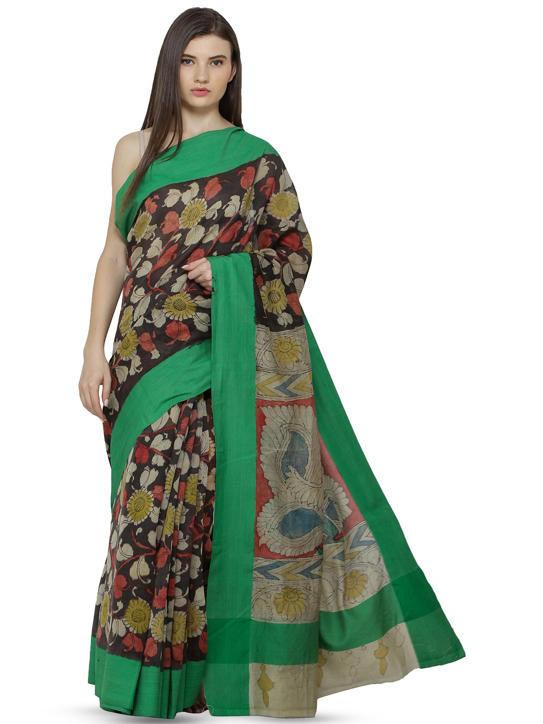 Exotic India Mojave and Green Pure Cotton Kalamkari Saree with Painted Flower-Peacock