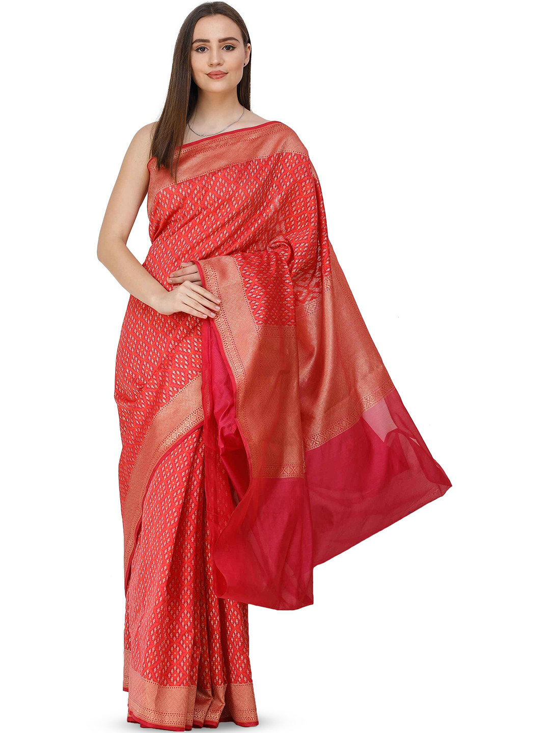 Exotic India Raspberry Sorbet Art Silk Banarasi Saree with Zari Woven Pallu and Border