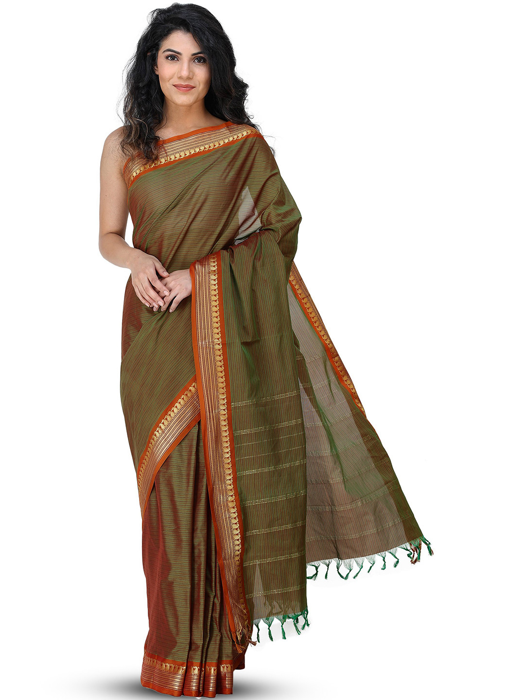 Exotic India Deep Lichen Kanji-Cotton Saree and Zari-Woven Animal on Border and Pin-Stripe