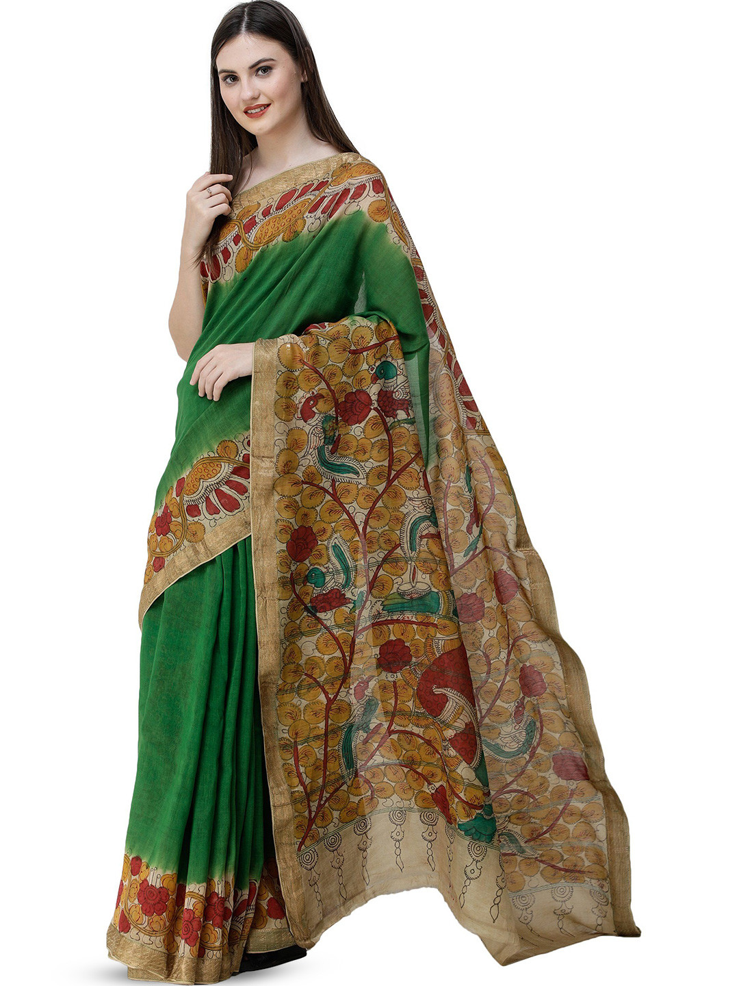 Exotic India Fairway Green Chiffon Kalamkari Saree with Goddess Holding Diyas on Anchal