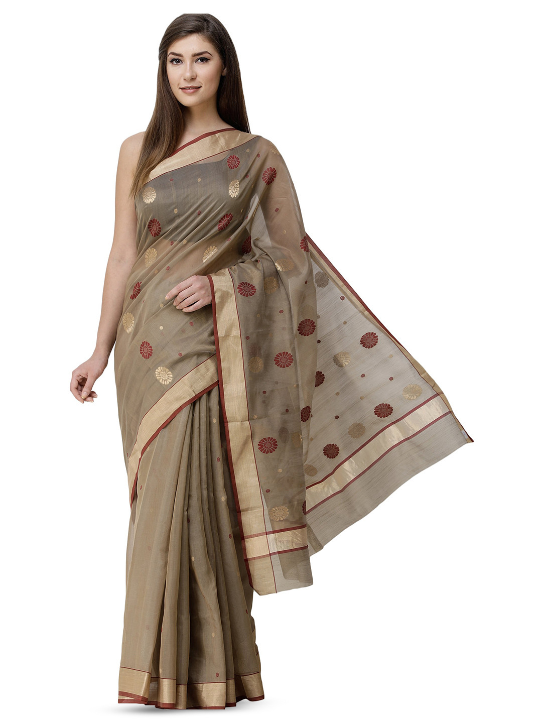 Exotic India CornStalk Chanderi Saree with Zari-Woven Border and Bootis