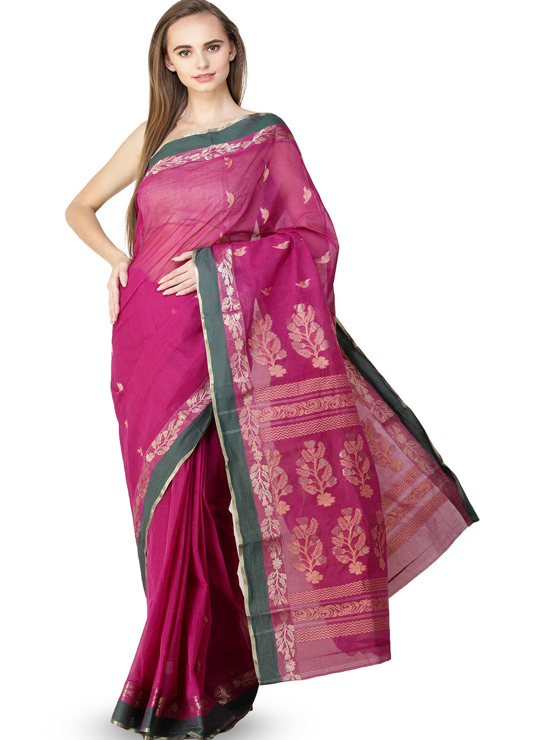 Exotic India Festival Fuchsia Tangail Saree with Woven Flowers on Border and Pallu