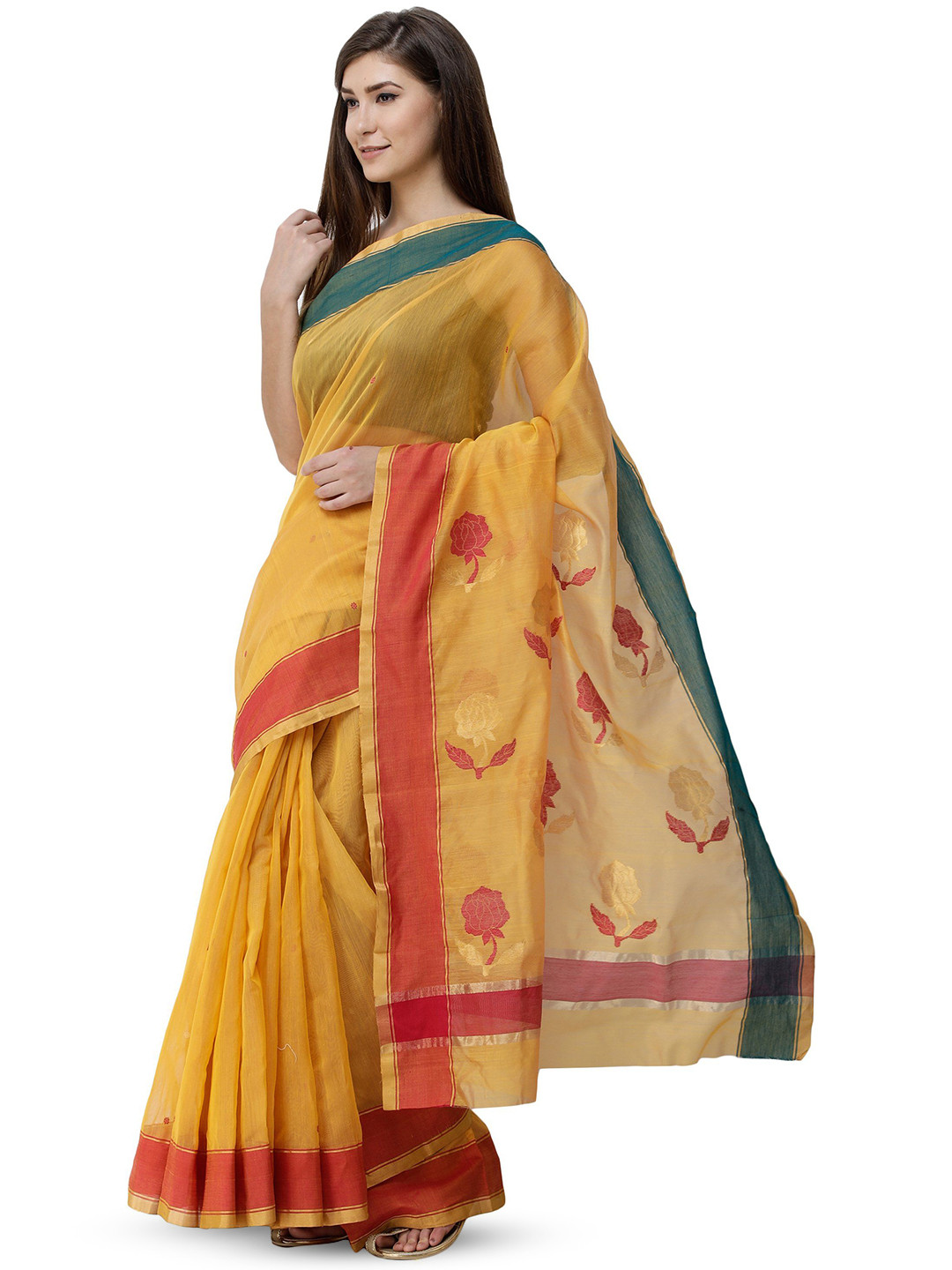 Exotic India Apricot Chanderi Saree with Zari-Woven Border and Floral Bootis