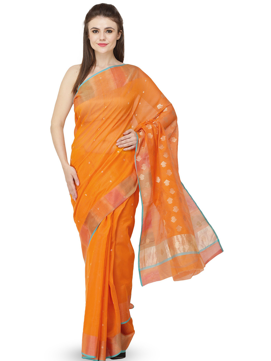 Exotic India Sun Orange Chanderi Cotton Silk Saree with Woven Border and Bootis on Pallu