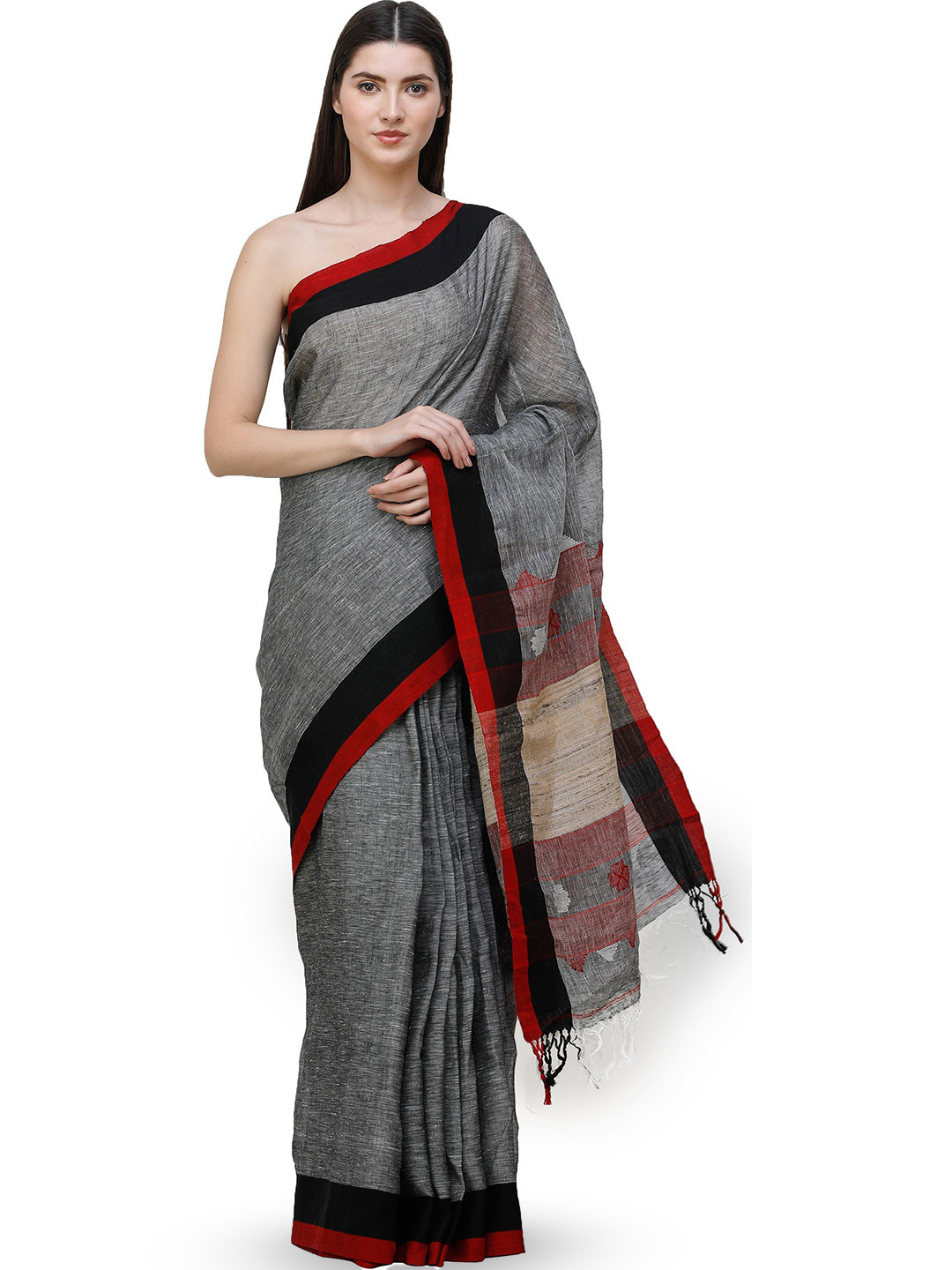 Exotic India Handloom Pure Cotton Slate Gray Saree with Jute Weave on Pallu