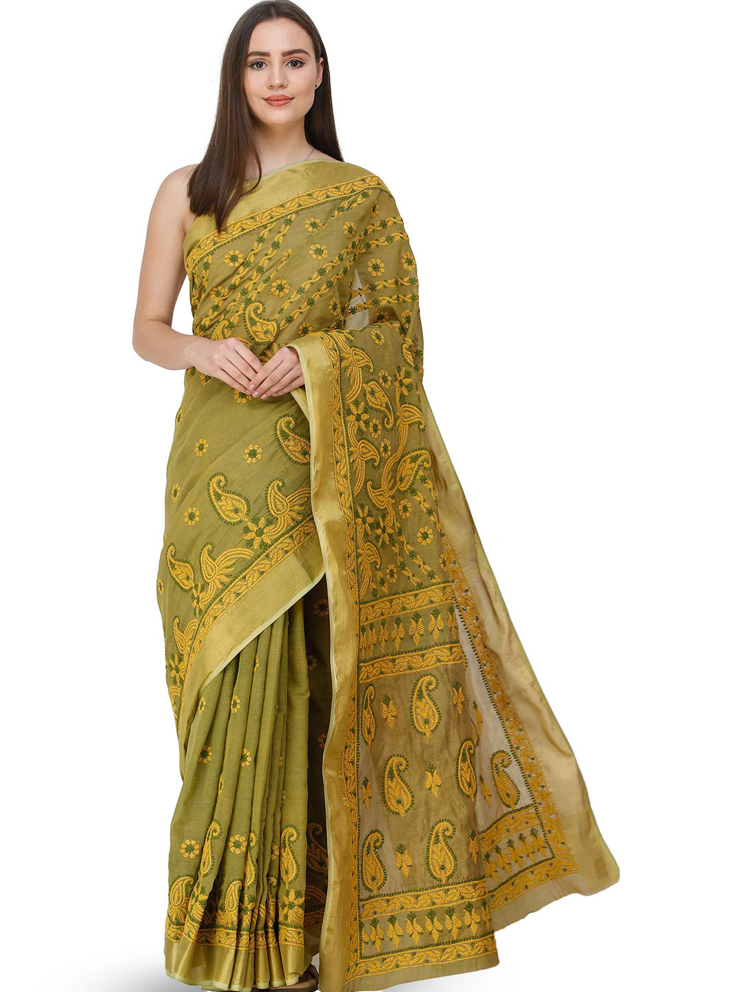 Exotic India Willow Green Chikan Hand-Embroidery Pure Cotton Saree with Golden Border