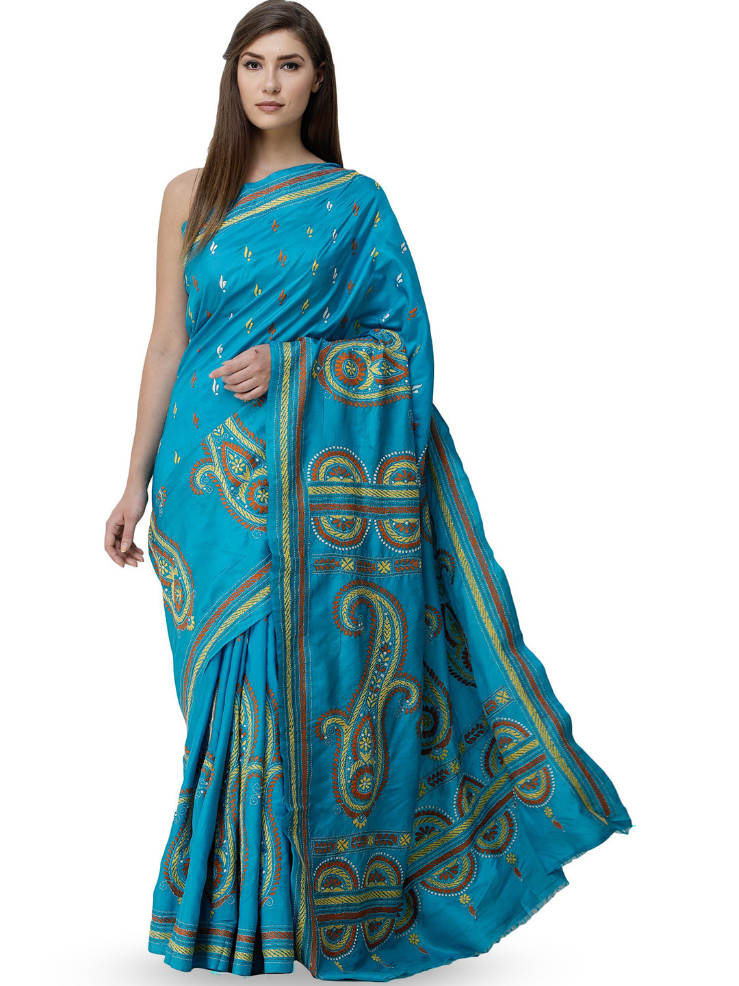 Exotic India Kantha-Embroidered Giant Paisleys Algiers Blue Saree