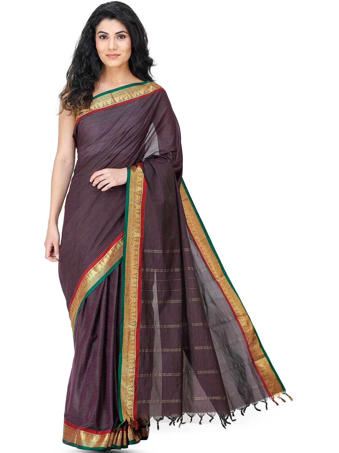 Exotic India Nightshade Kanji-Cotton Saree with Zari-Woven Animal on Border and Pin-Stripe