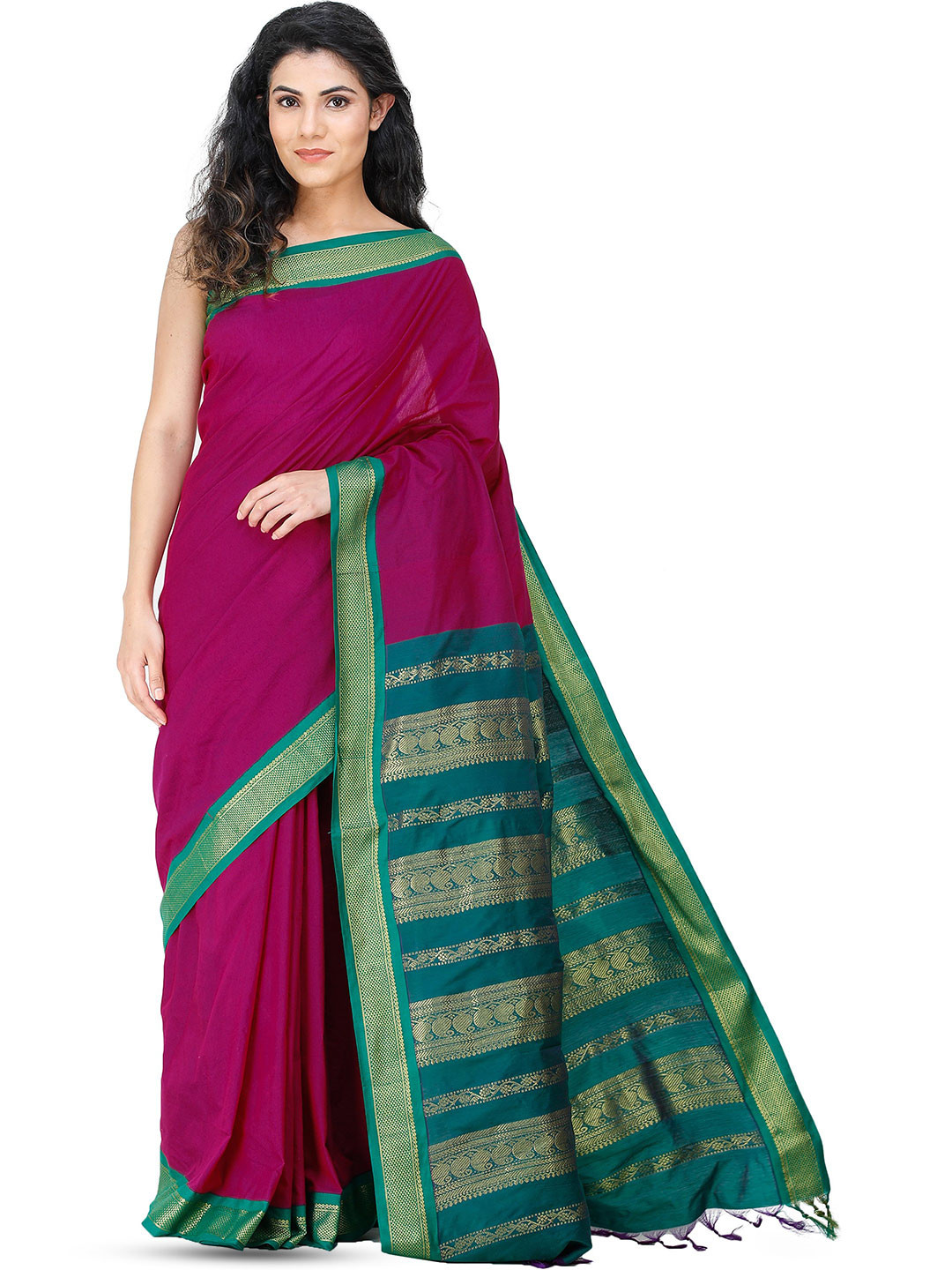 Exotic India Baton Rouge Kanji-Cotton Saree with Zari-Woven Peacocks on Pallu