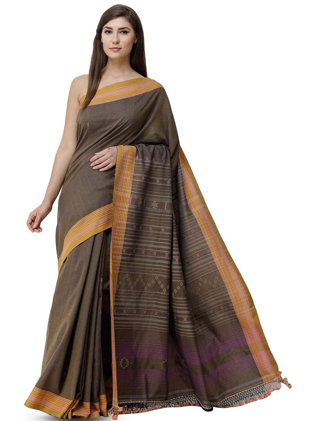Exotic India Coffee Liqueur Pure Cotton Kutch Saree with Woven Bootis and Stripes on Pallu