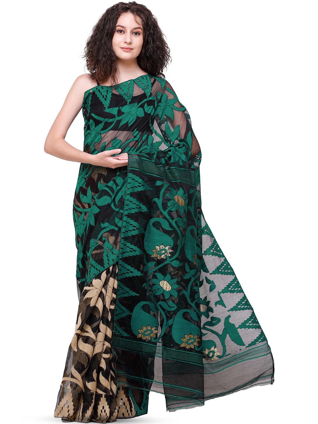 Exotic India Green and Black Jamdani Saree with Woven Bootis & Sunflower on Pallu