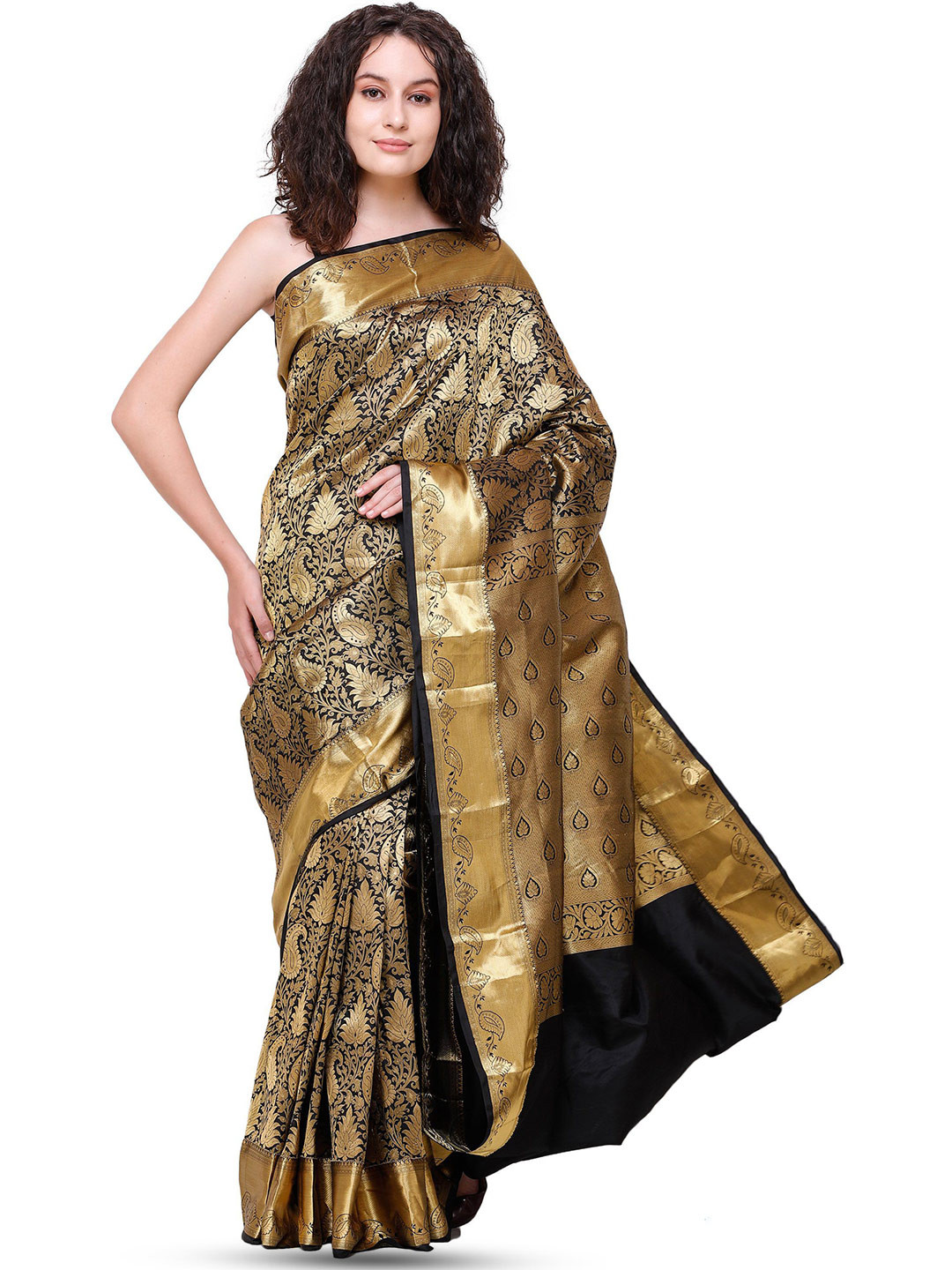 Exotic India Jet Black Brocaded Wedding Saree with Zari Woven Florals and Paisleys