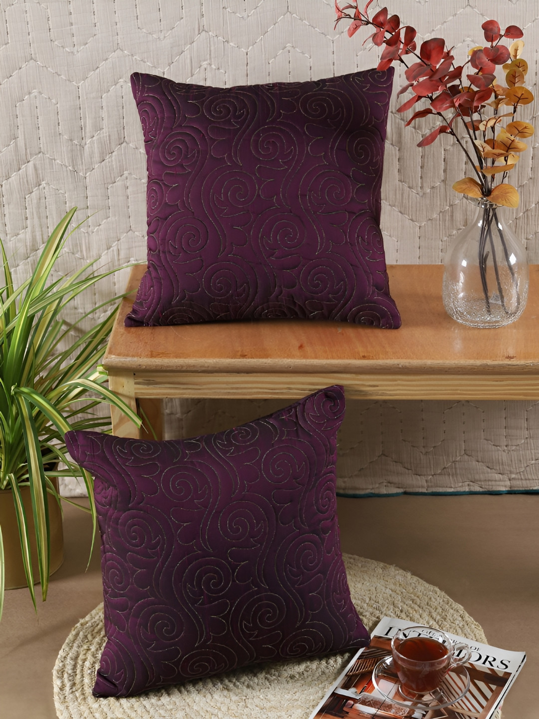 House of Pataudi Purple 2 Pieces Embroidered Cushion Covers