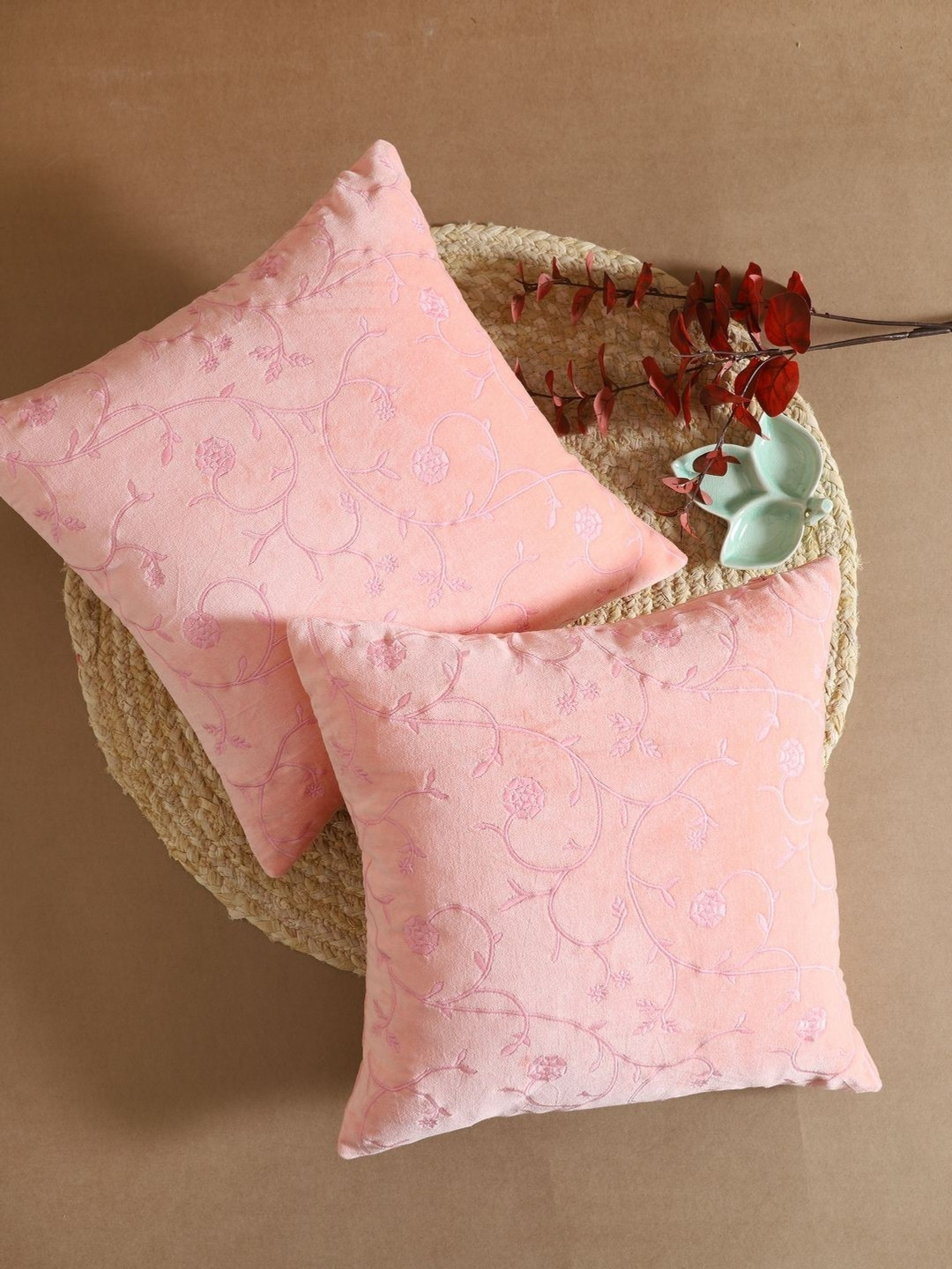 House of Pataudi Pink 2 Pcs Embroidered Velvet Cushion Covers