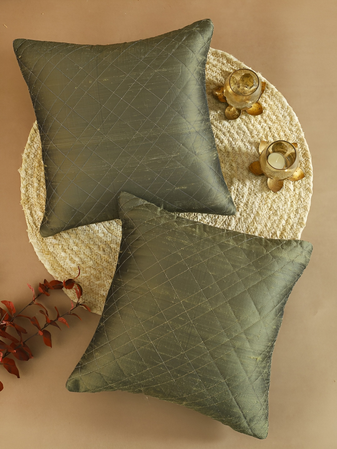 House of Pataudi Embroidered Poly Dupion Quilted 2 Pcs Cushion Covers - 16 x 16 Inches