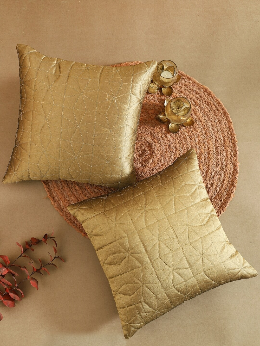 House of Pataudi Golden Dupain Quilting Geometric Polyester 2 Pcs Embroidered Cushion Covers - 18 x 18 In