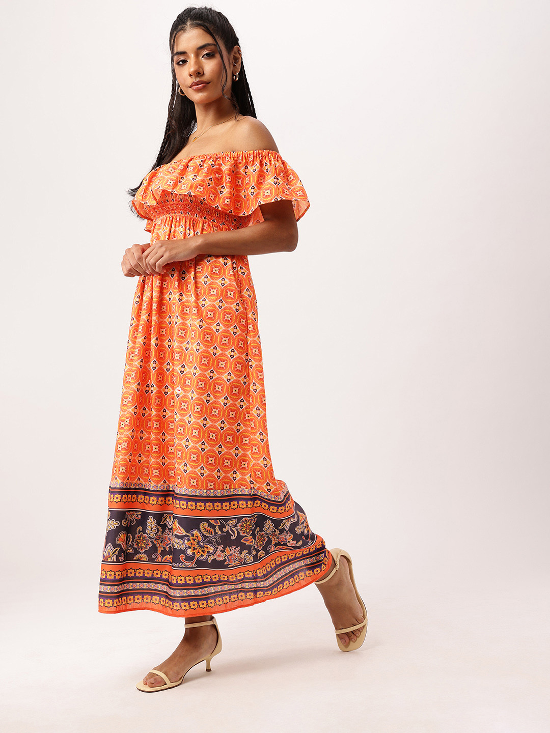 DressBerry Ethnic Prints Off-Shoulder Smocked Maxi Dress