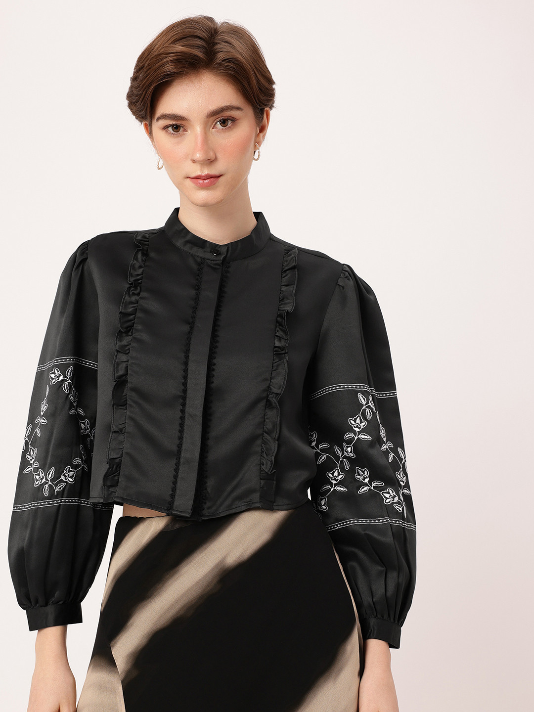 DressBerry Floral Embroidered Ruffles Lace Detail Shirt Style Crop Top