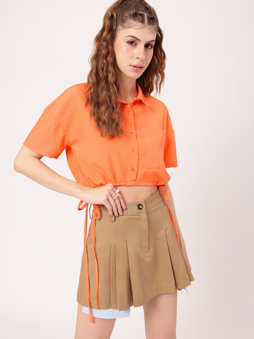 DressBerry Seersucker Shirt Style Crop Top