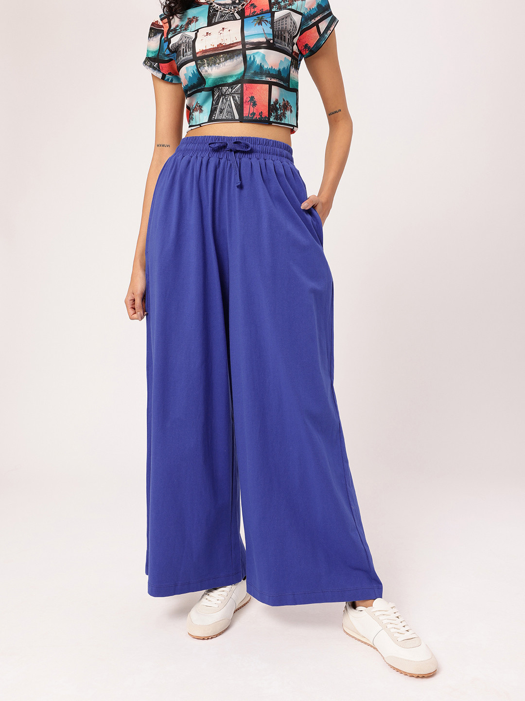 DressBerry Pure Cotton Drawstring Wasit Wide Leg Trousers