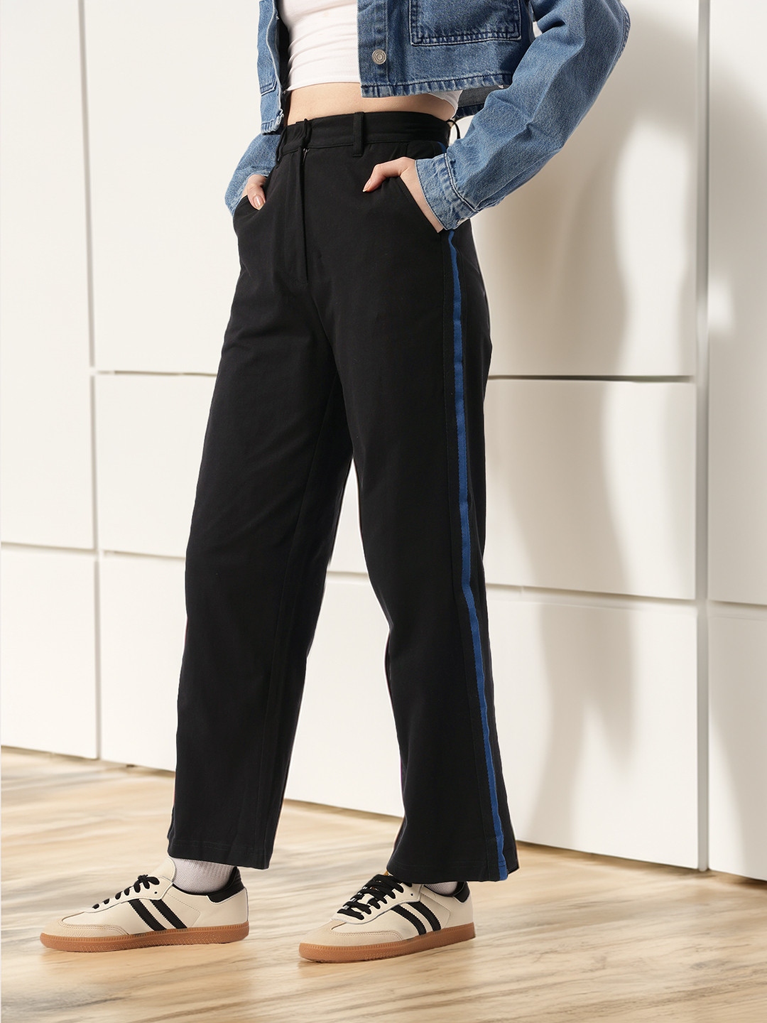 Women Korean Side Stripes Regular Trousers