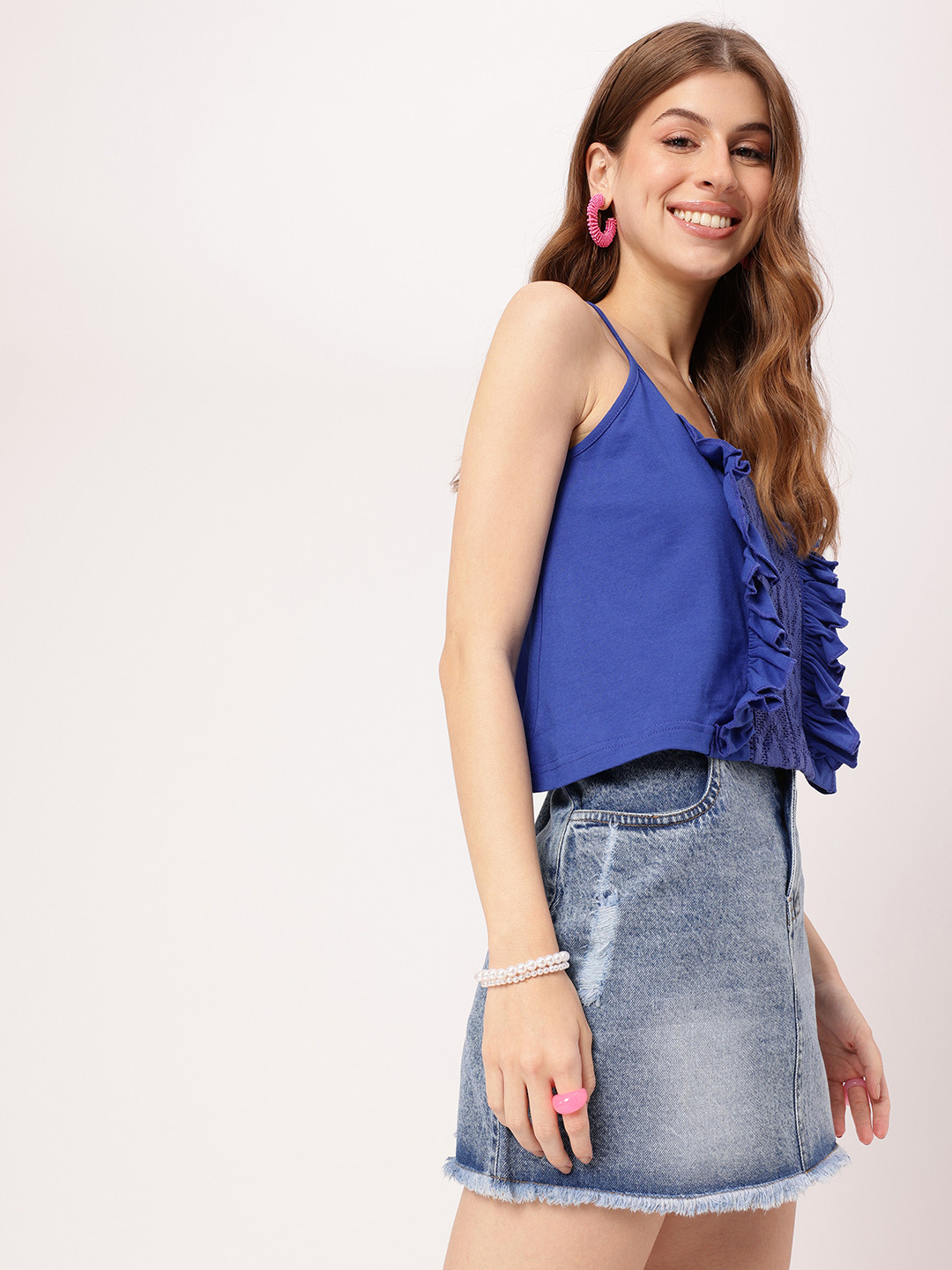 Feminine Strapped & Ruffled Laced A-Line Crop Top