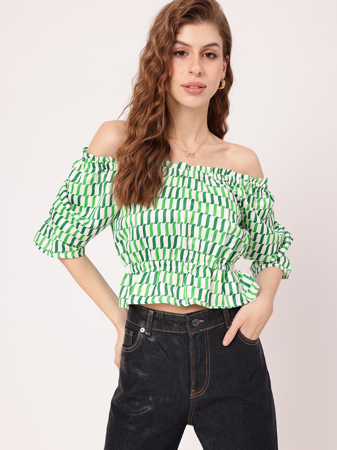 Tranquility Printed Off-Shoulder Peplum Crop Top