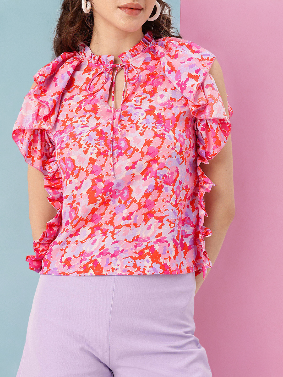 DressBerry Ruffles Printed Tie-Up Neck Top