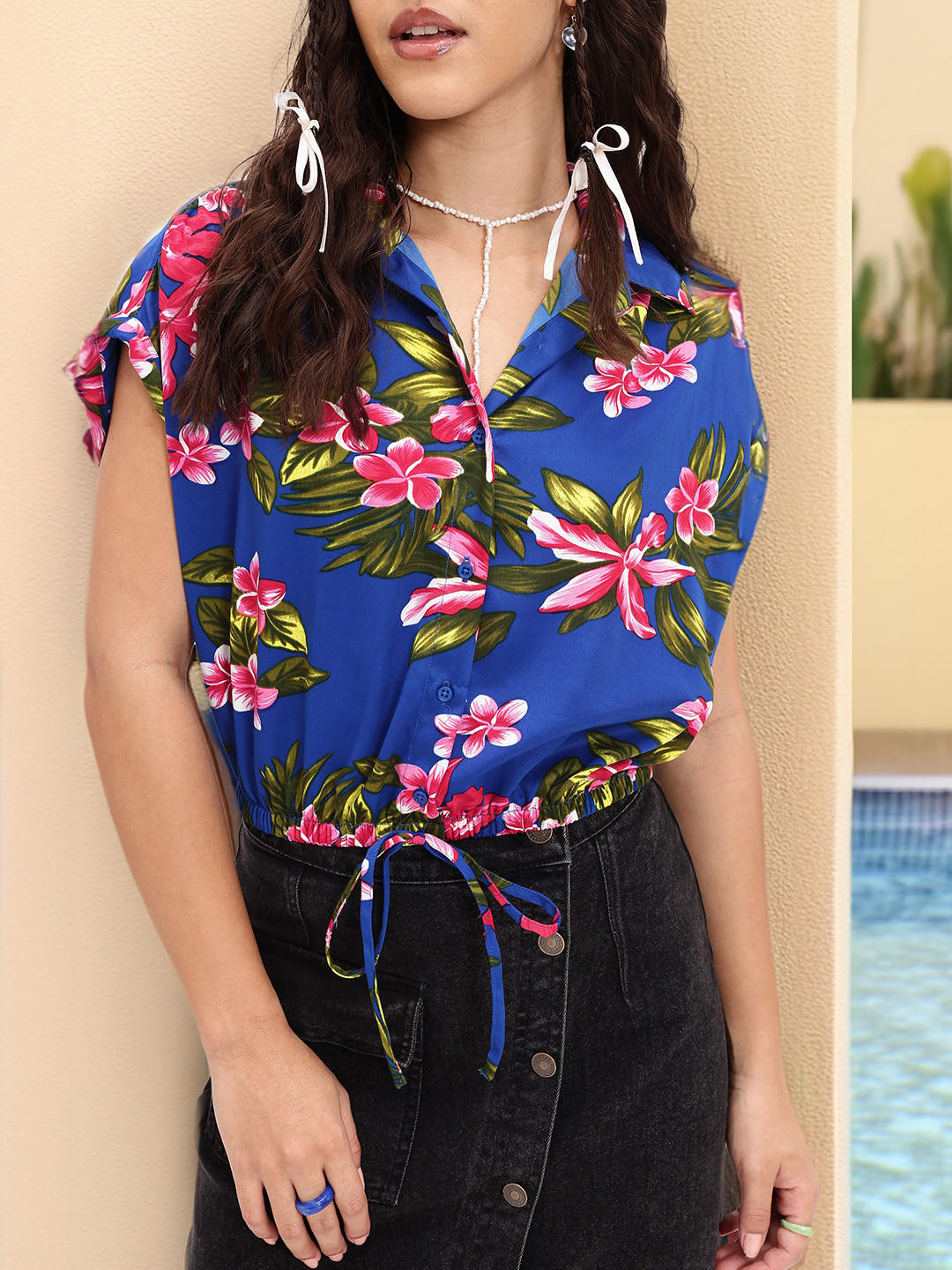 DressBerry Floral Printed Boxy Shirt Style Crop Top