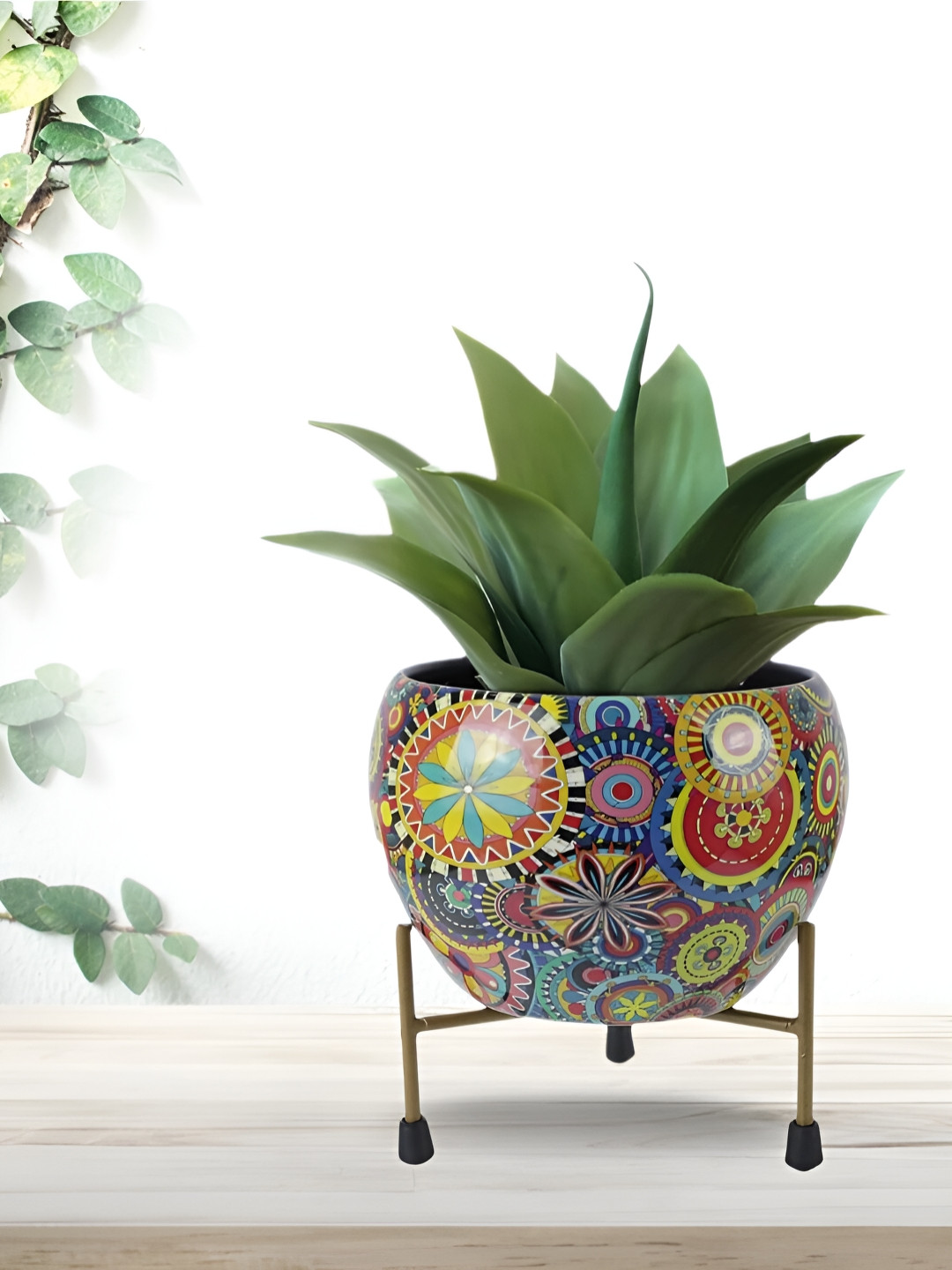 Cinagro Blue & Yellow Printed Planter With Holder