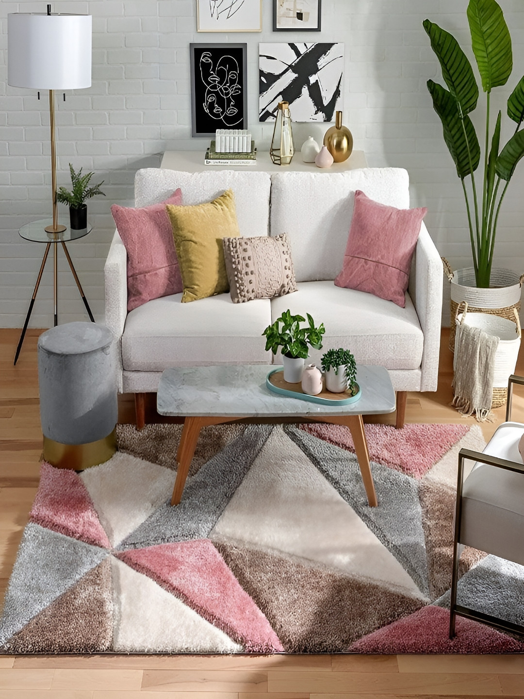 CARPETIFY Peach-Coloured Geometric Anti-Skid Polyester Carpet