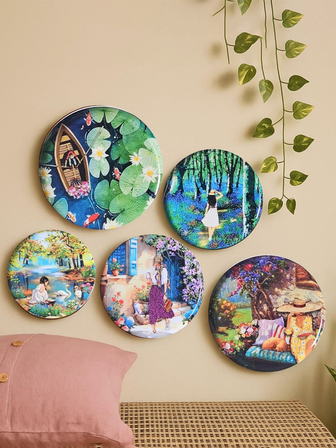 Ritualistic Slice of Life Metal Floral Glossy Hanging Hall 5Pcs Wall Plates-12In